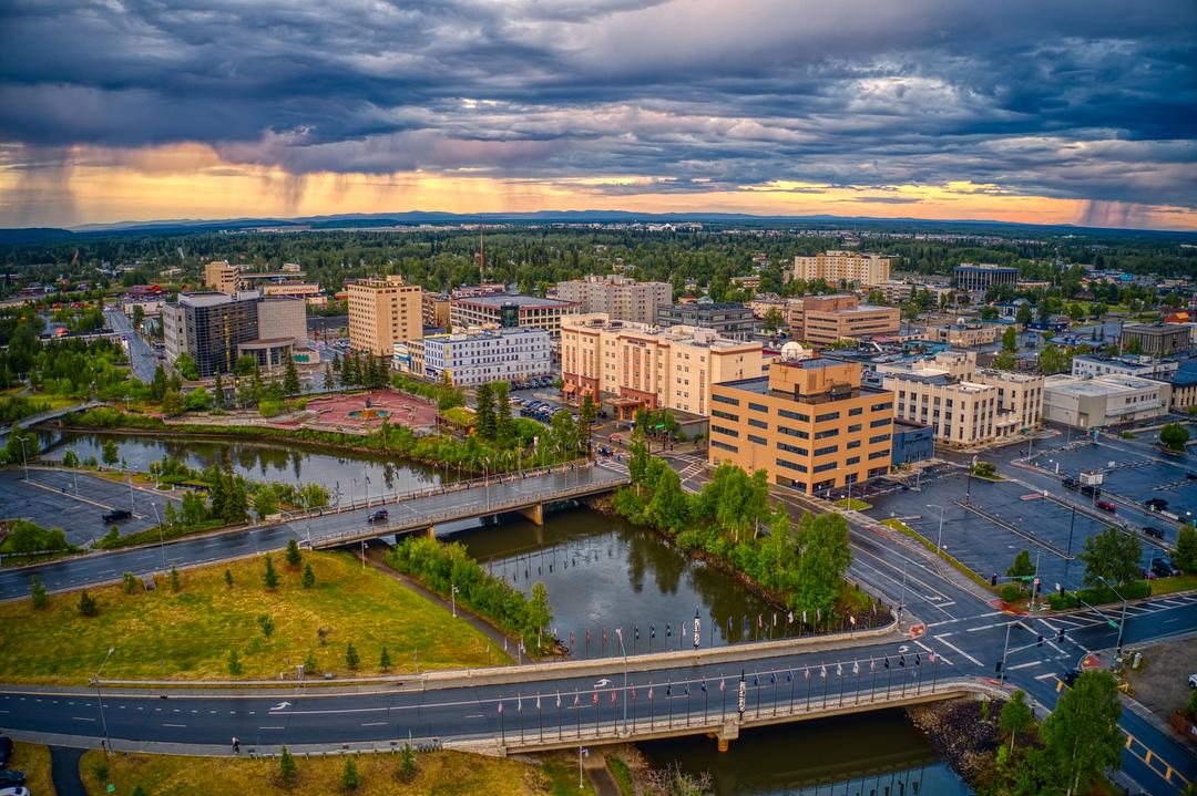 Aerial View of Downtown Fairbanks, Alaska during sunset